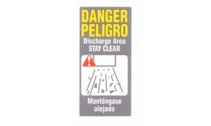 Discharge warning decal for Patriot leaf blower vac.